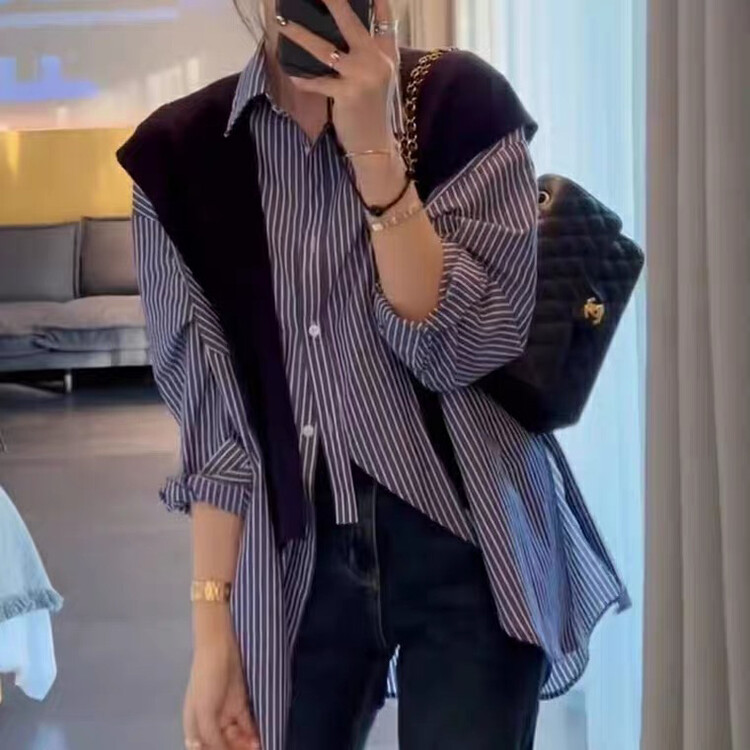 New in autumn!【KIKI STUDIO】Korean striped loose shirt (with knitted shawl) 6534# HJY
