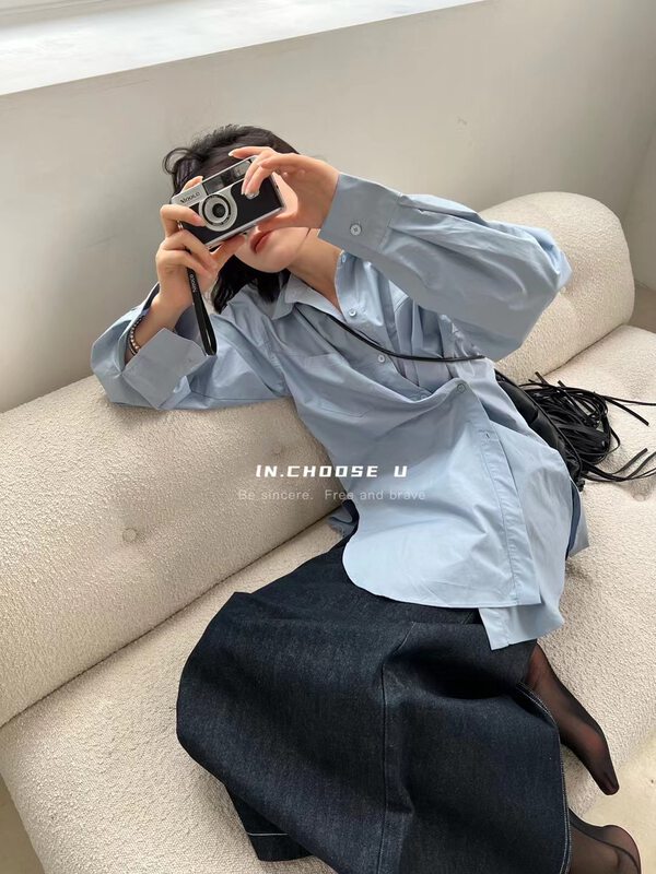 【IN.CHOOSE U】Basic Versatile Side Button Solid Color Shirt 67305# CQW