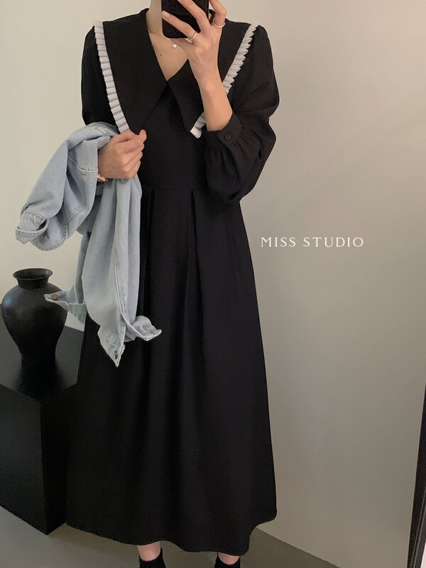 【MISS】Korean style dress with large lapel and lace F2326