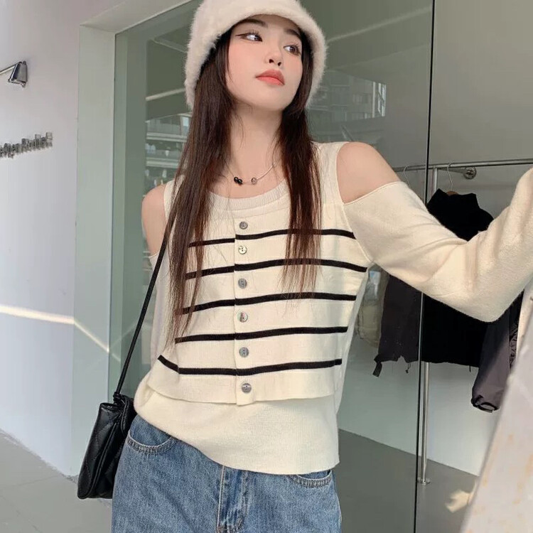 New in autumn!【KIKI STUDIO】Korean version off-the-shoulder fake two-piece knitted sweater 6683# HJY