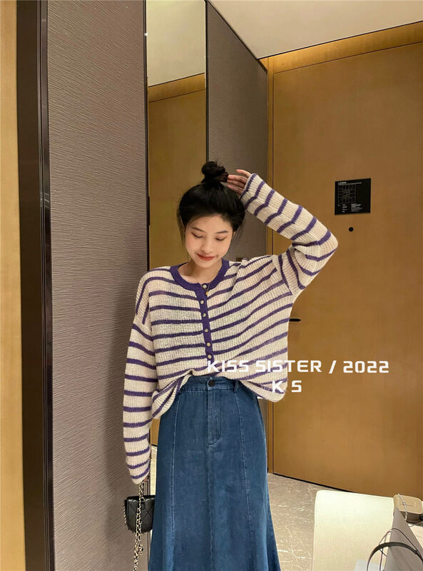 【KISS SISTER】Contrast Color Striped Casual Loose Knit Sweater (Containing 15% Wool, 22% Mohair) 22M8235# CQW