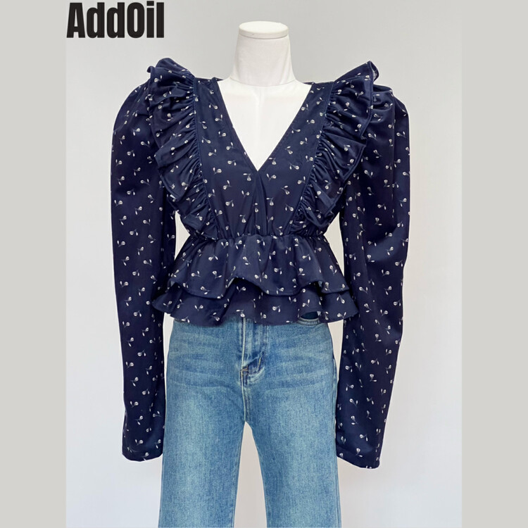 New in autumn! [ADDOIL] Velvet Elastic Waist Retro Floral Shirt 8098-1# ZXL