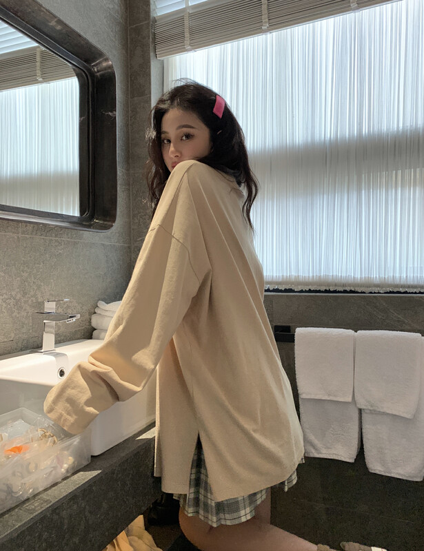 [11AN] Simple solid color slit long-sleeved T-shirt A6863