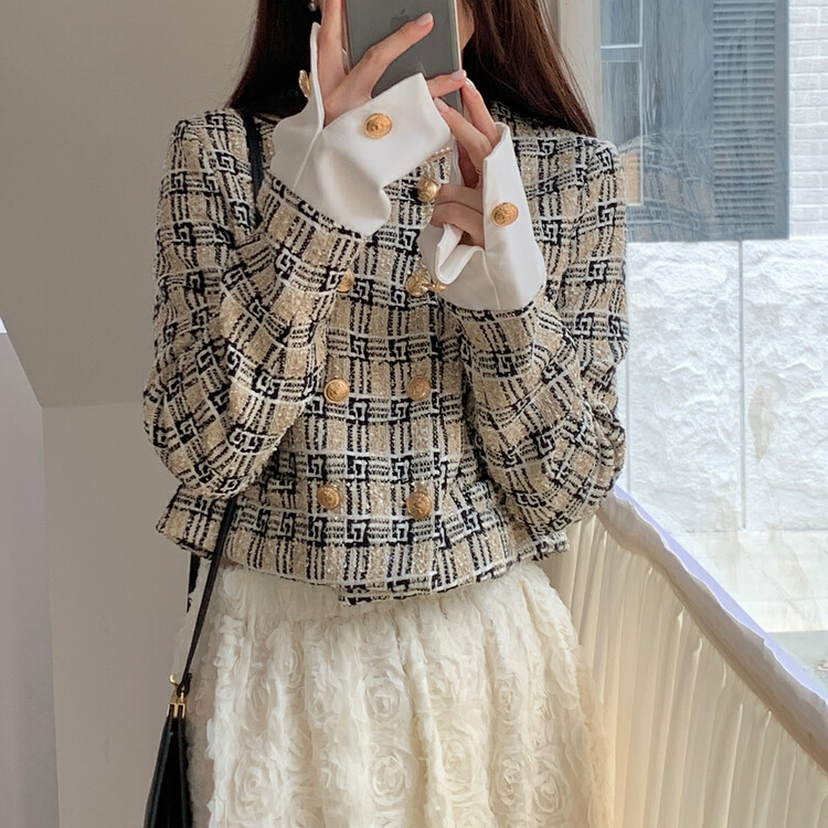 New in autumn! [Timely rain] Korean style ins retro Xiaoxiangfeng high street woven gold buckle loose all-match short jacket B2278# WPL