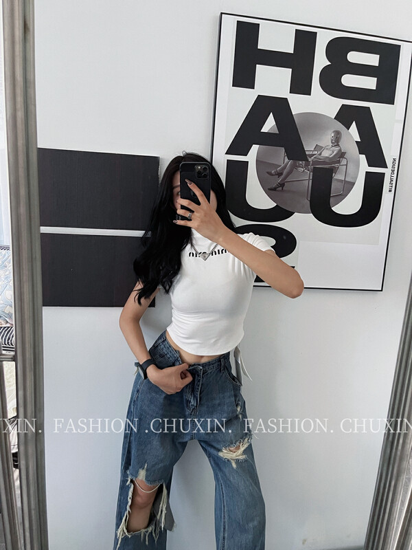 New in autumn!  [C.X Original Heart] Slim fit and thin semi-high collar letter short-sleeved T-shirt 6567# WTT