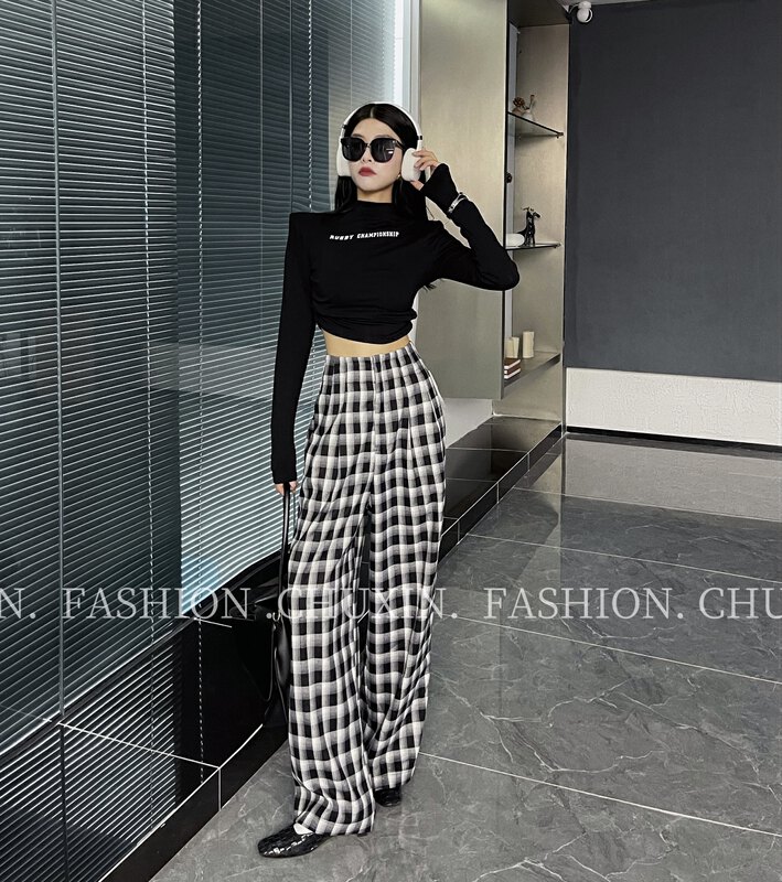 Autumn models are new! [C.X original heart] Fashionable all-match high-waisted slim wide-leg plaid casual pants K955# WTT
