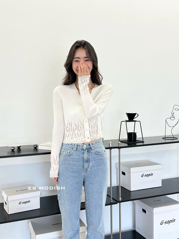 New in early autumn!  【ES MODISH】Commuting gentle hollow design V-neck knitted cardigan (including 25% wool) JK1883# CQW