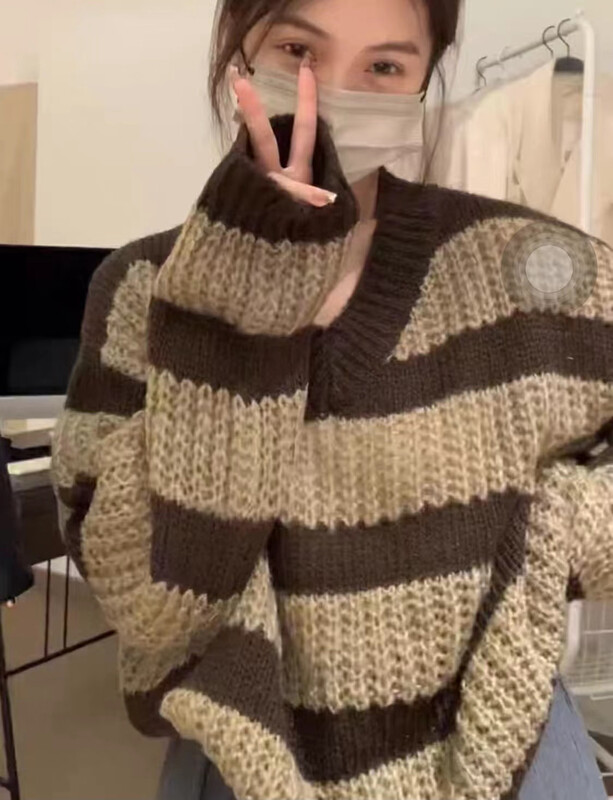 New in autumn! [I-D] Korean striped loose V-neck warm sweater 3157# L