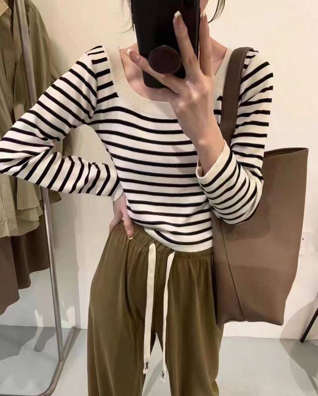 New in autumn! [I-D] Korean version all-match square collar striped shirt 3140# L
