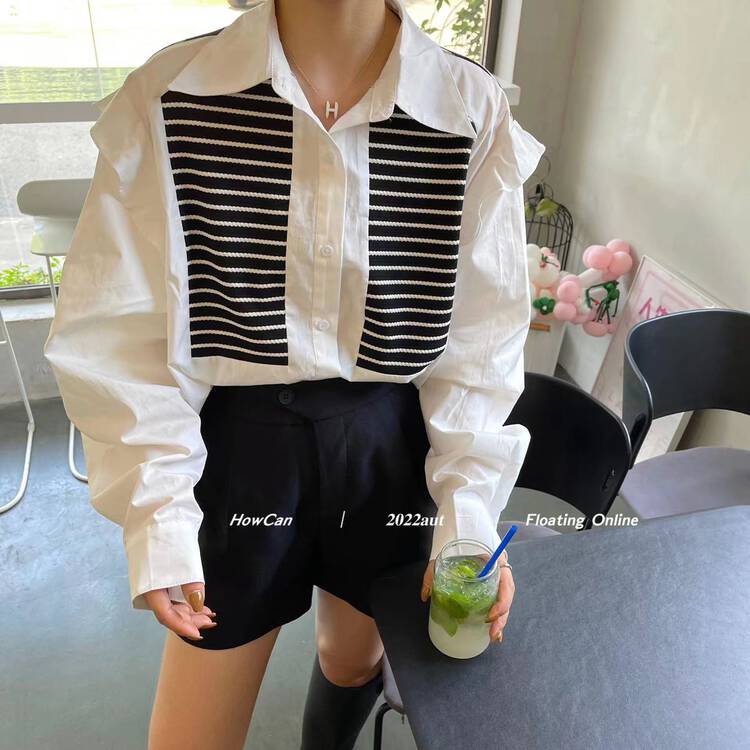 New in autumn! [I-D] Korean style stitching striped shirt YS8378# L