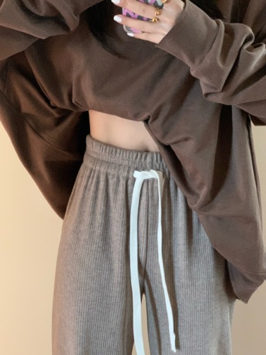 Real shooting real price ~ drawstring high waist loose political thick section pit strip rabbit velvet wide leg pants slim straight casual pants