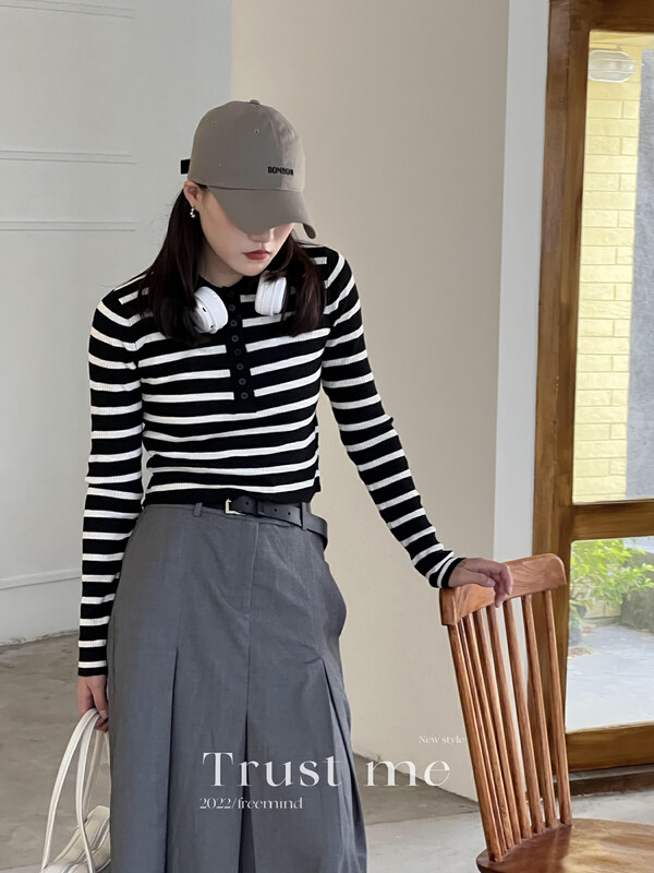 【TRUSTME】polo collar striped sweater 40095# JHY