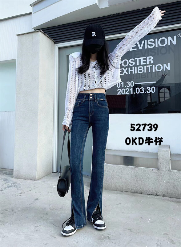 New in autumn! [OKD] High waist double button hem slit design slim fit jeans 52739# GY