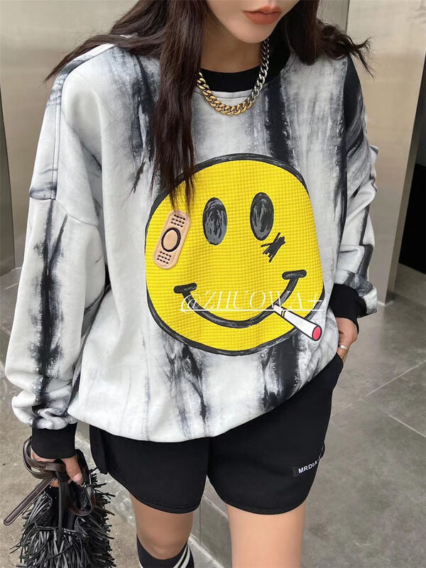 New in autumn! [Strictly selected by buyers - Zhuowa] Trendy tie-dye smiley loose sweater 5372# CL