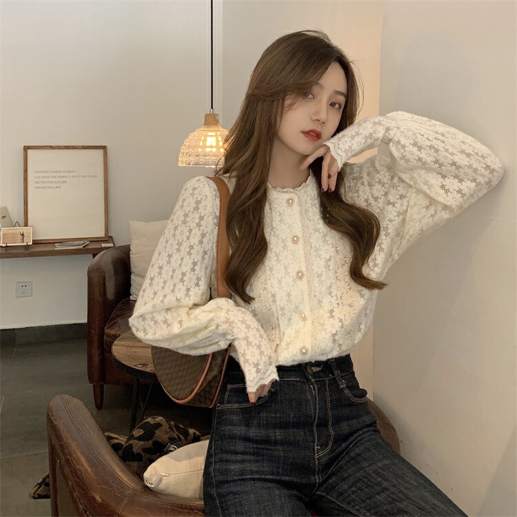 Autumn is new! [Timely rain] Korean ins sweet lace button-up shirt A1075# WPL