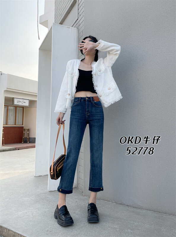 Autumn is new! [OKD] trousers buckle design straight slim all-match jeans 52778# GY