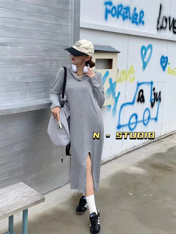 Autumn is new! [N] Slit hooded pullover long-sleeved dress Q220# WTT
