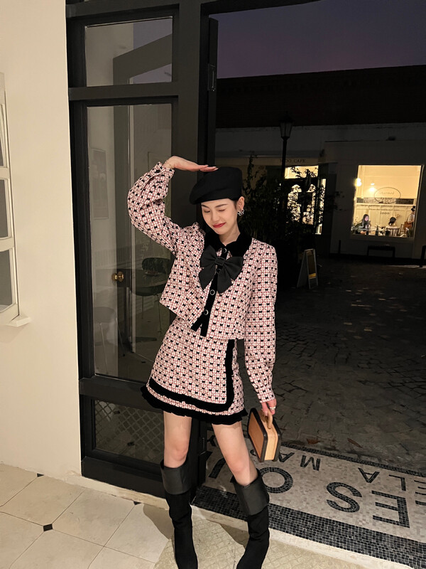 New in autumn! [FEIMAO (YIMAO)] Sweet bow buttoned short coat + slimming color matching skirt suit (with detachable bow) Z-8506# LSL