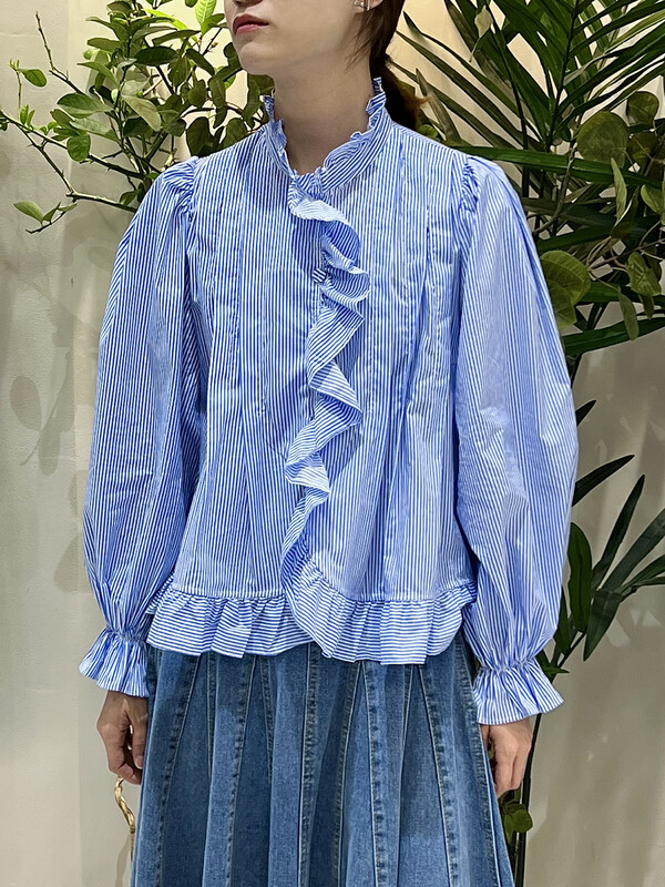 New in autumn! [ADDOIL] ruffled striped pleated shirt 85009-1# ZXL