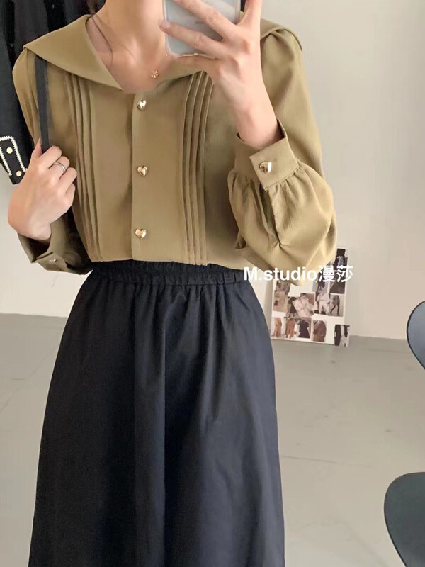New in early autumn! [MSTUDIO Mansha] Navy collar simple French retro shirt Y6896# HBX