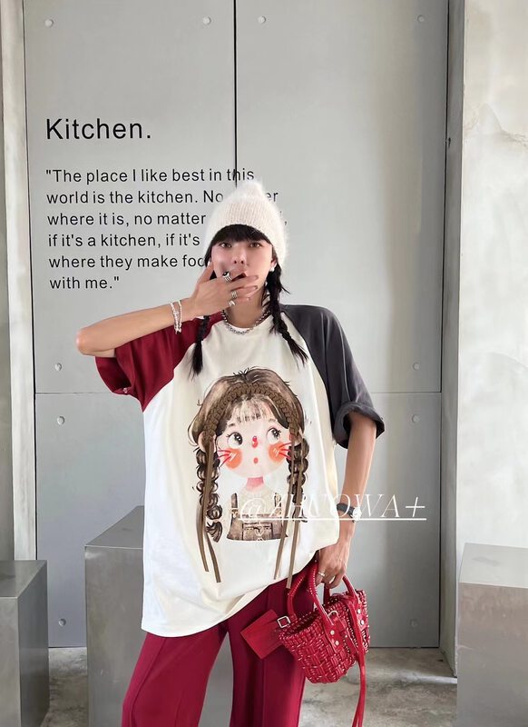 New in autumn! [Strictly selected by buyers - Zhuowa] large pattern printed raglan loose short-sleeved T-shirt 2258# CL
