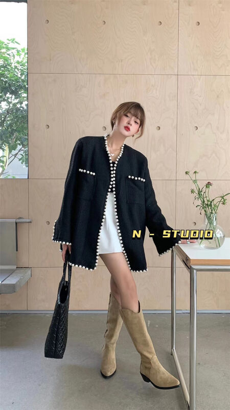 New in autumn! [N] Pearl edge small fragrance retro fashion texture short coat Q202# WTT