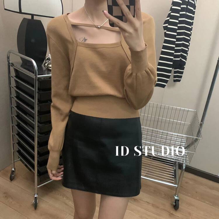 Autumn is new! [I-D] Korean version of the oblique strap fake two-piece small shirt 3163# L