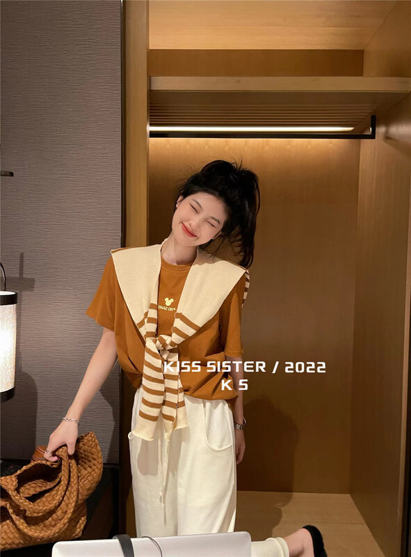 【KISS SISTER】Simple pattern casual all-match short-sleeved T-shirt (with shawl) 22Y9688