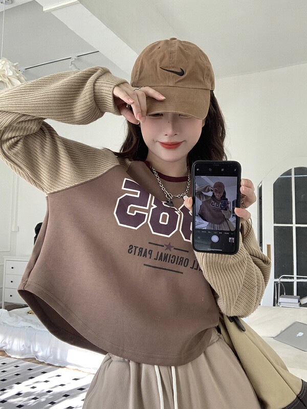 New in autumn! [Timely rain] Korean style ins retro French design stitching printed sweater W1857# WPL