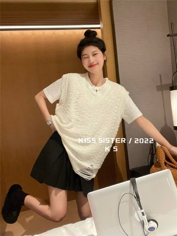 【KISS SISTER】Simple Solid Color Hollow Loose Vest 22M8203# CQW