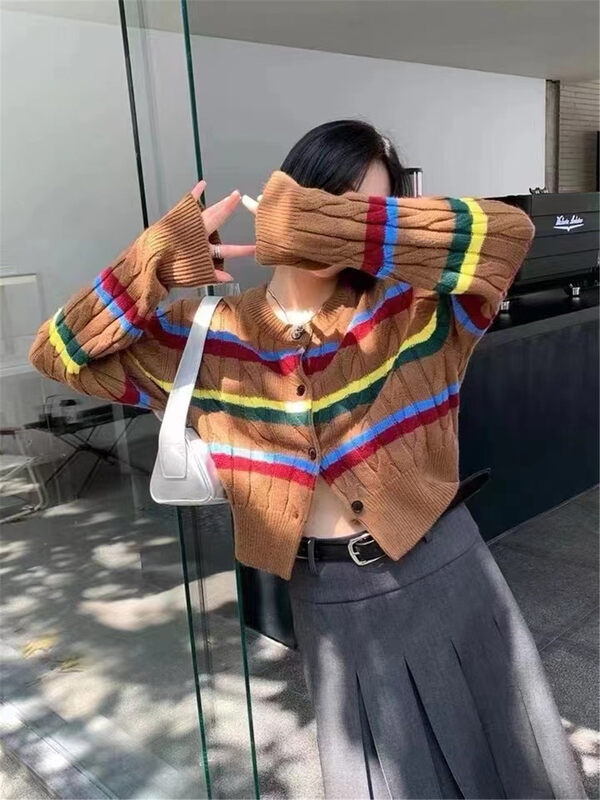 New in autumn!  [Korean C Home] Casual Simple Striped Contrast Color Knit Cardigan 0214# PCZ