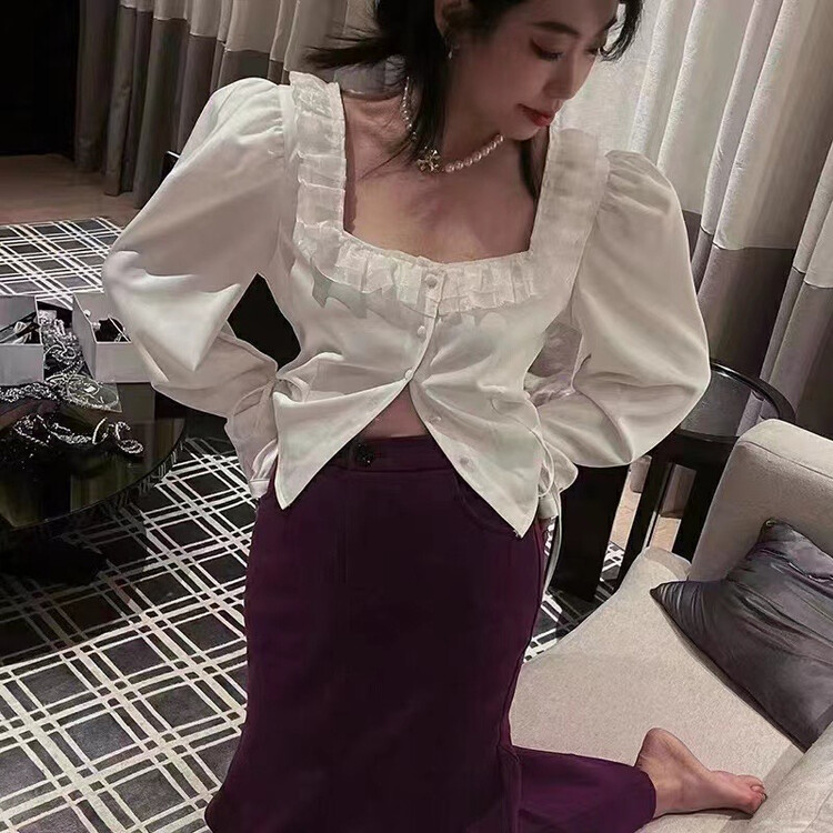 [MI] Autumn style new French lace-trimmed square-neck shirt (without necklace) 1443# PCZ