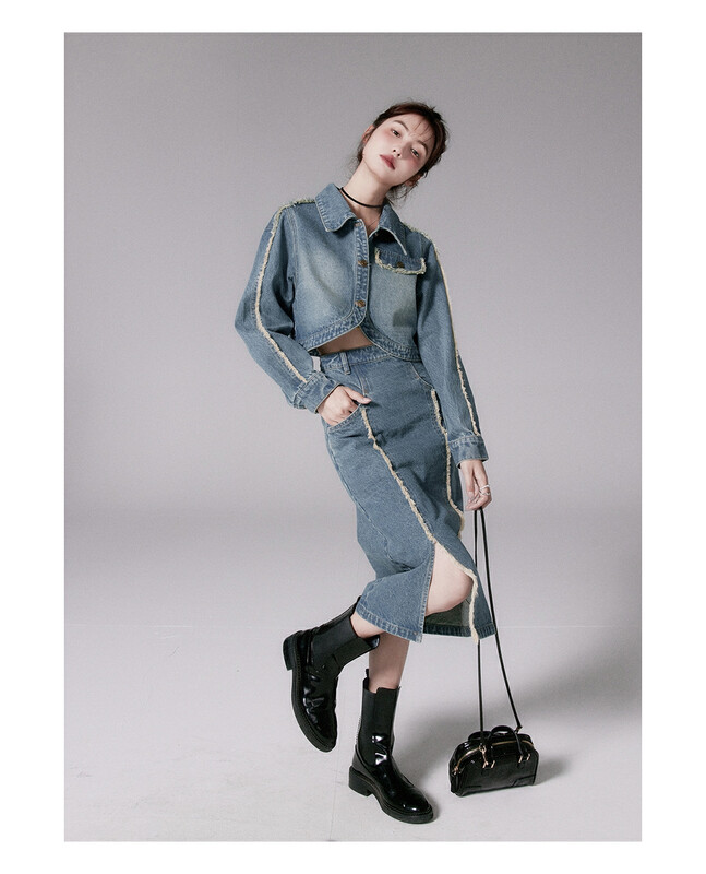 New in autumn! [KIKI STUDIO] Hong Kong-flavored washed denim top + slimming denim skirt suit 6602# HJY