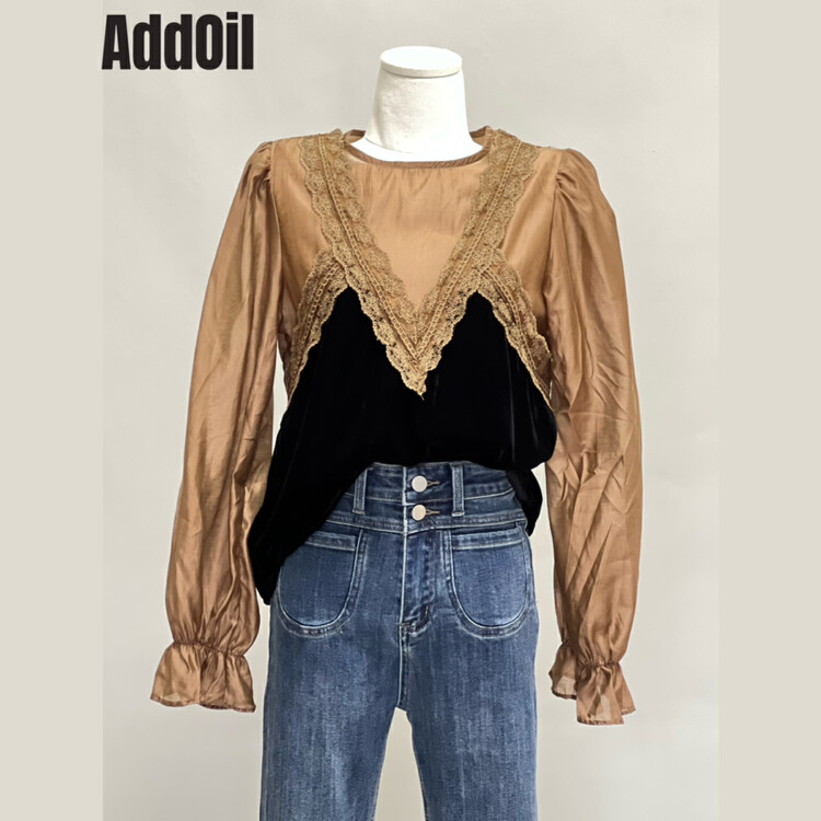 New in autumn! [ADDOIL] velvet stitching lace shirt 1877# ZXL