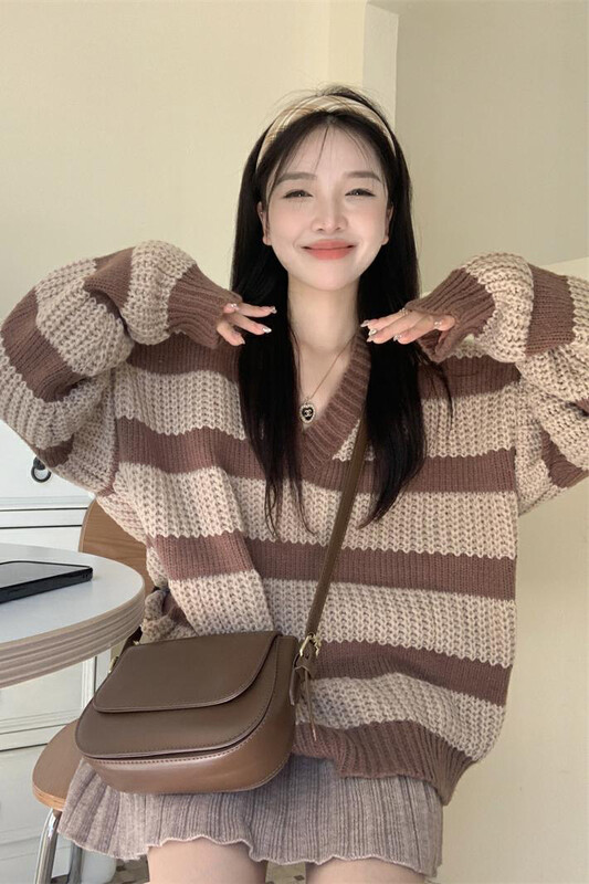 Autumn models are new! [Timely rain] Korean style ins retro sweet soft waxy stripes thin and warm sweater 21761# WPL
