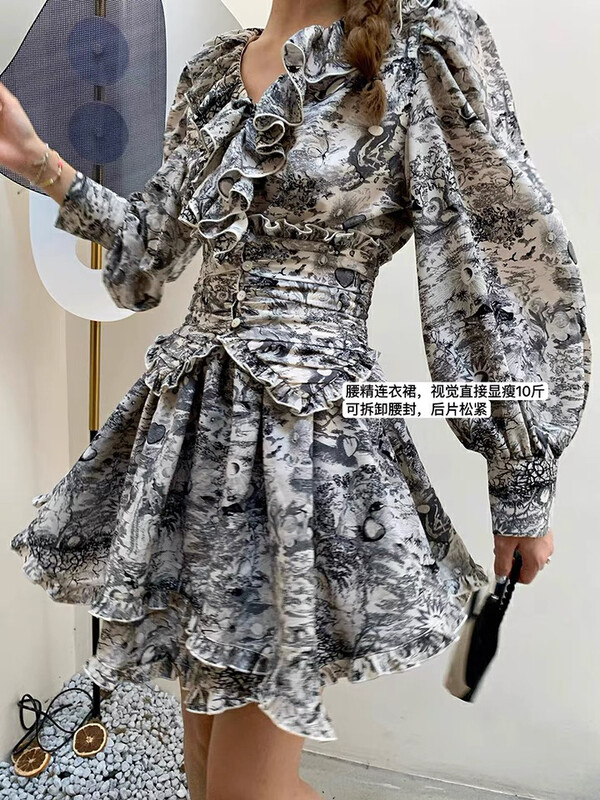 New in autumn! [KIKI STUDIO] Ink painting print temperament dress (with removable waist seal) 6615# HJY
