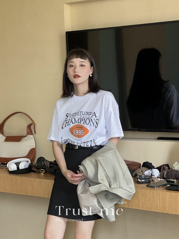 【TRUSTME】Korean version of simple and versatile casual bubble print T-shirt short-sleeved T-shirt 40051# JHY