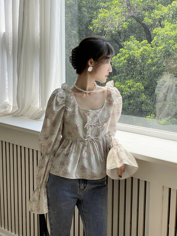 New in early autumn!  【YOOMINI】French Square Neck Puff Sleeve Floral Shirt Q12956-V# WPL