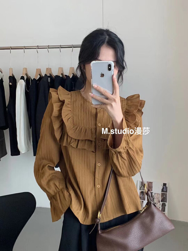 Autumn is new! [MSTUDIO Mansha] Korean lady's ruffled button-down shirt y6950# HBX