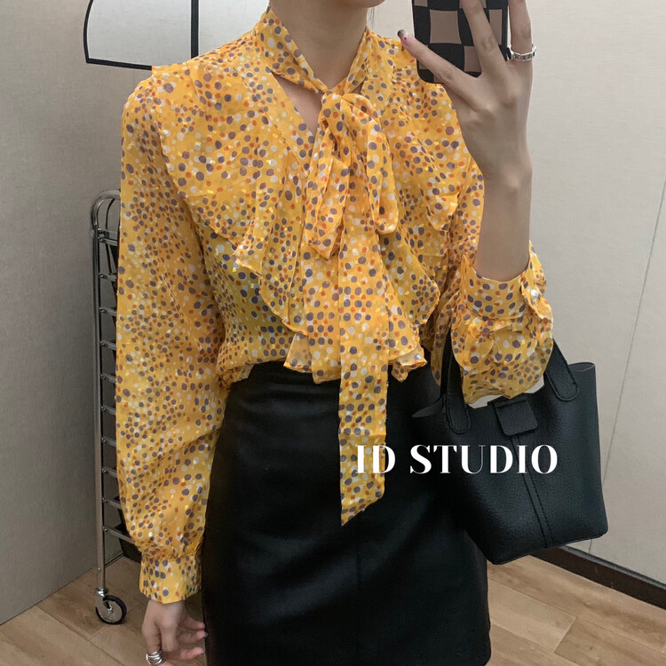 【I-D】Korean Style Color Dot Bow Tie Shirt 91128# L