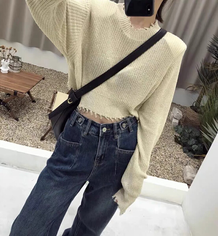New in autumn! [KS] Korean version of the hollow thin section design with a sense of tassel long-sleeved age-reducing temperament short knitted sweater 22928# CQW