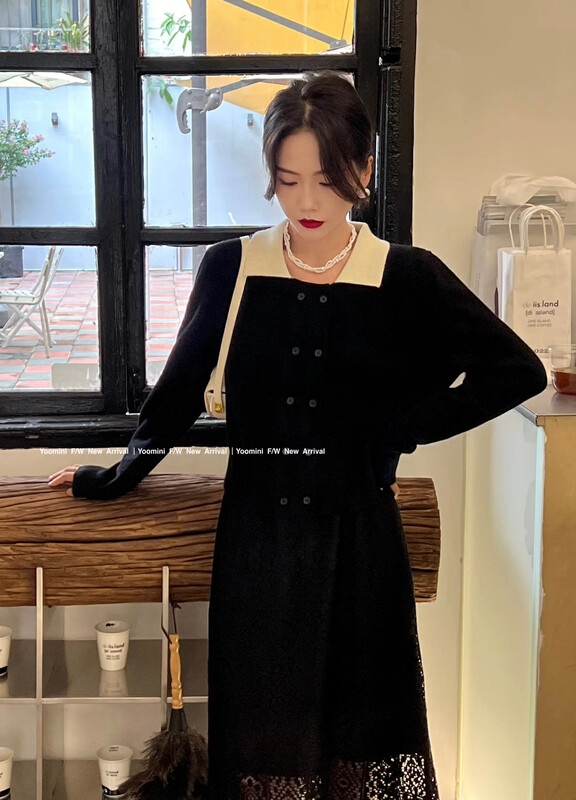 New in autumn! [YOOMINI] Korean version of the color-blocked lapel double-breasted warm sweater Q13682-S# WPL
