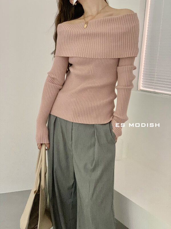 Autumn is new!【ES MODISH】Lazy style one-word collar leak-shoulder warm sweater BL1893# CQW