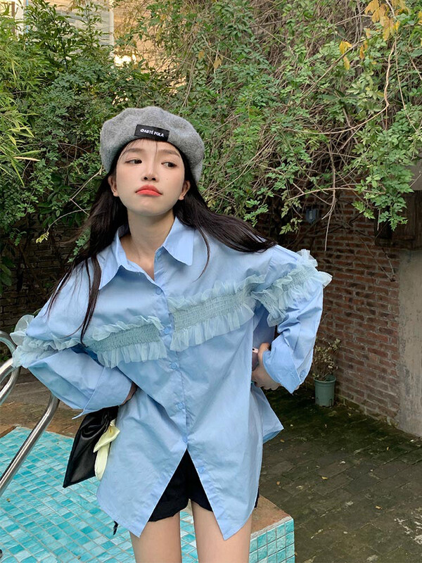 New in early autumn! [Timely rain] Korean style ins sweet and simple temperament design mesh shirt B7797# WPL