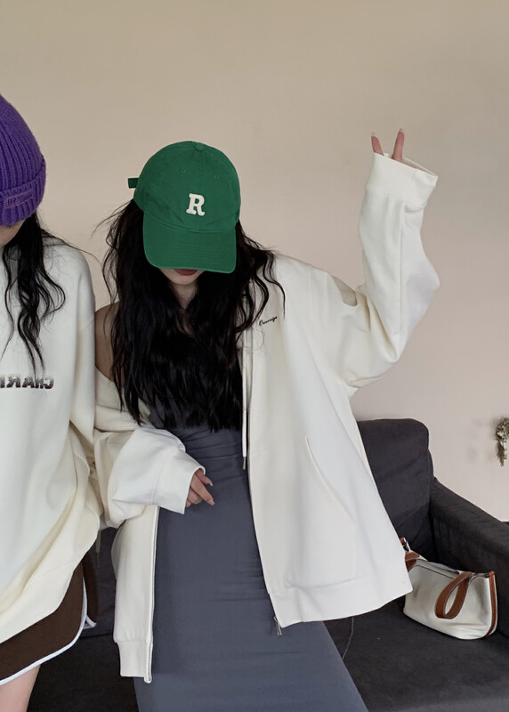 [11AN] Simple letter print hooded cardigan short jacket A6803