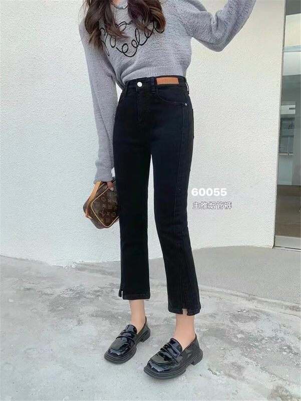 Autumn is new! [OKD] Leather small design single button stretch straight jeans 60055# GY