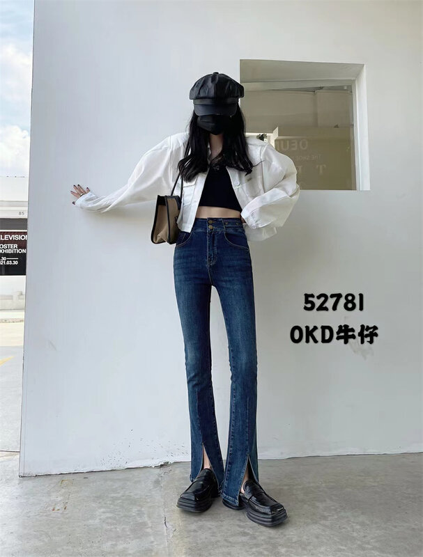 New in autumn! [OKD] Elastic double button hem slit design chopstick jeans 52781# GY