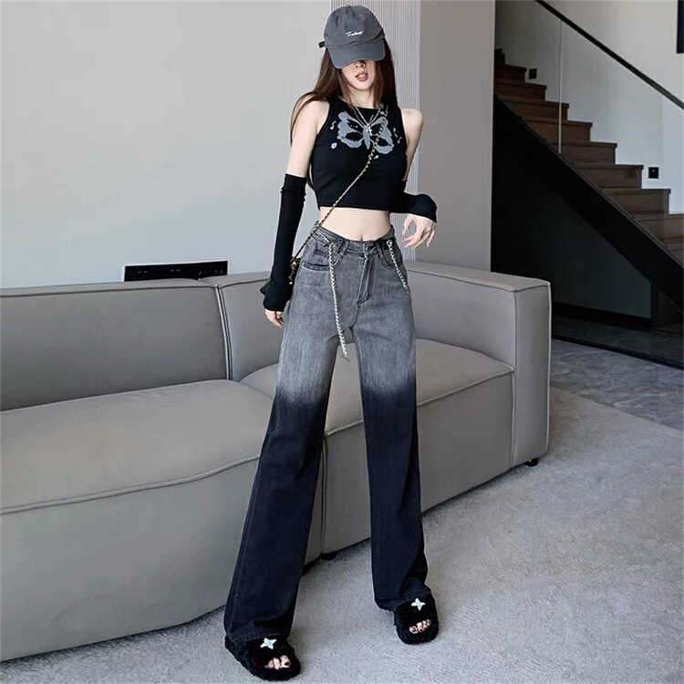 New in autumn! [OKD] Gradient design trend all-match loose mopping jeans (with chain) 60073# GY