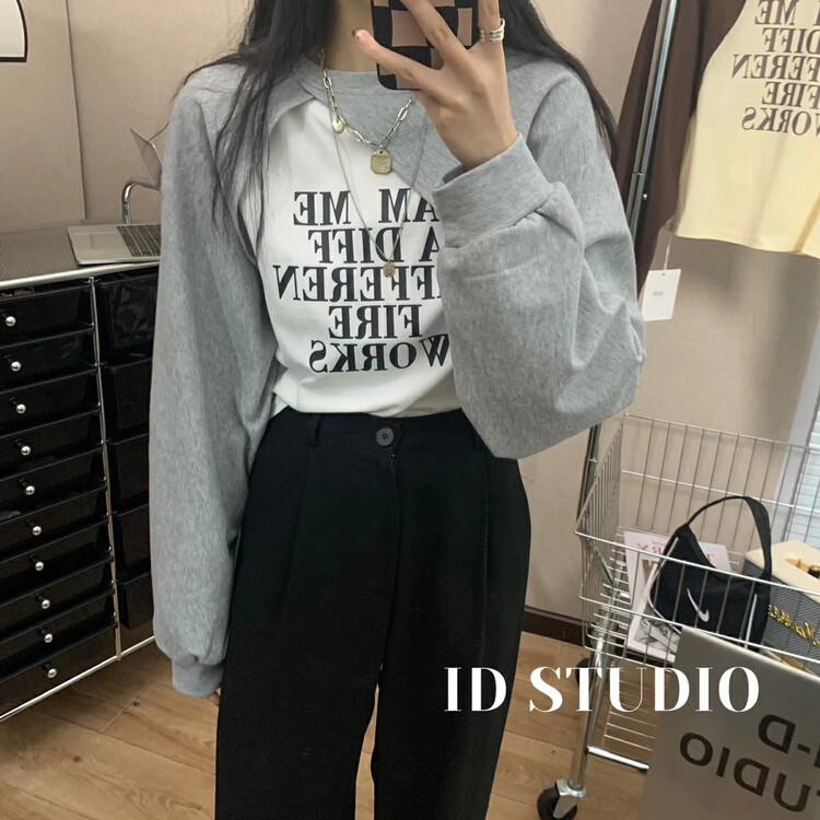Autumn is new! [I-D] Korean version all-match short-sleeved T-shirt + solid color long-sleeved shirt suit 8338# L