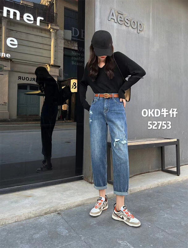 Autumn is new! [OKD] Japanese ripped patch design Harlan all-match thin jeans (with belt) 52753# GY